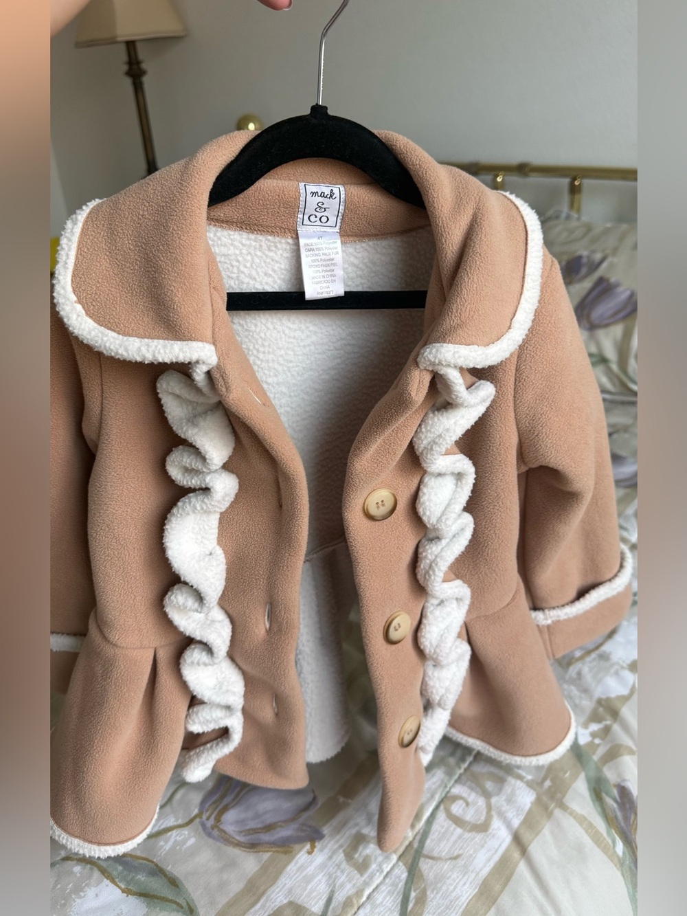Mack & CO Girls' Tan Peacoat with Cream Sherpa Trim